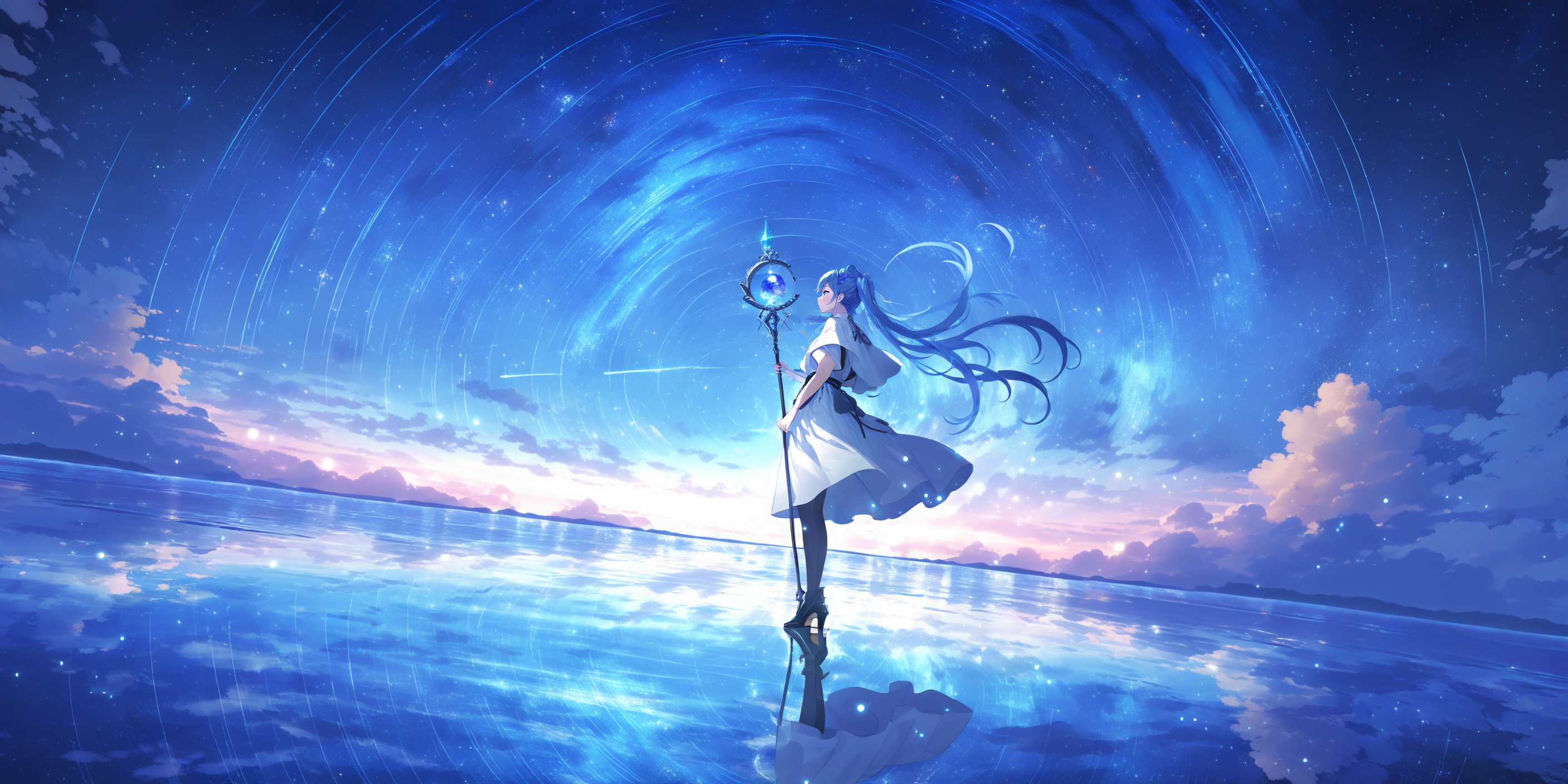 1girl, 
solo, scenery, sky, long hair, star \(sky\), dress, outdoors, starry sky, cloud, shooting star, fantasy, horizon, standing, night, night sky, capelet, black pantyhose, holding staff, moonlight, ocean, floating hair, skirt hold, light particles, white dress, looking away, very long hair, staff, full body, holding, arm at side, dutch angle, wide shot, short sleeves, blue hair, reflective water, high heels, blue eyes, profile, blue theme, star trail, from behind, closed mouth, twintails, wind, pantyhose, water, black footwear, reflection, floating clothege
 <lora:lifelineXL_NB11_lokr_V6311P:0.95>