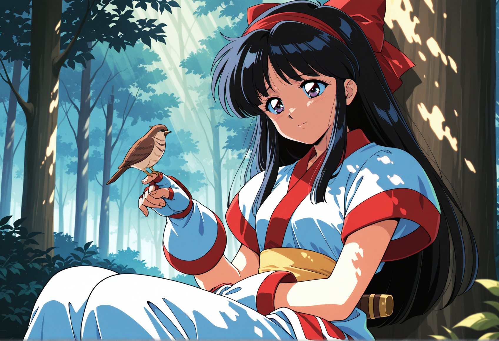 anime screenshot, anime screencap, anime coloring, retro artstyle, 1990s \(style\), 1girl, solo, long hair, black hair, hair bow, hairband, ainu clothes, japanese clothes, short sleeves, pants, fingerless gloves, sad, light smile, sitting, outdoors, forest, bird on finger, head tilt, dappled sunlight <lora:Nakoruru_illus:1>, masterpiece, best quality, amazing quality, very aesthetic, absurdres, highres, newest