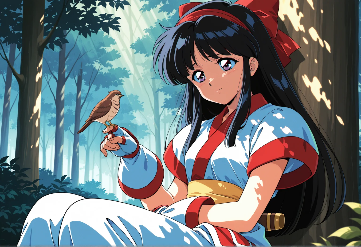 anime screenshot, anime screencap, anime coloring, retro artstyle, 1990s \(style\), 1girl, solo, long hair, black hair, hair bow, hairband, ainu clothes, japanese clothes, short sleeves, pants, fingerless gloves, sad, light smile, sitting, outdoors, forest, bird on finger, head tilt, dappled sunlight <lora:Nakoruru_illus:1>, masterpiece, best quality, amazing quality, very aesthetic, absurdres, highres, newest