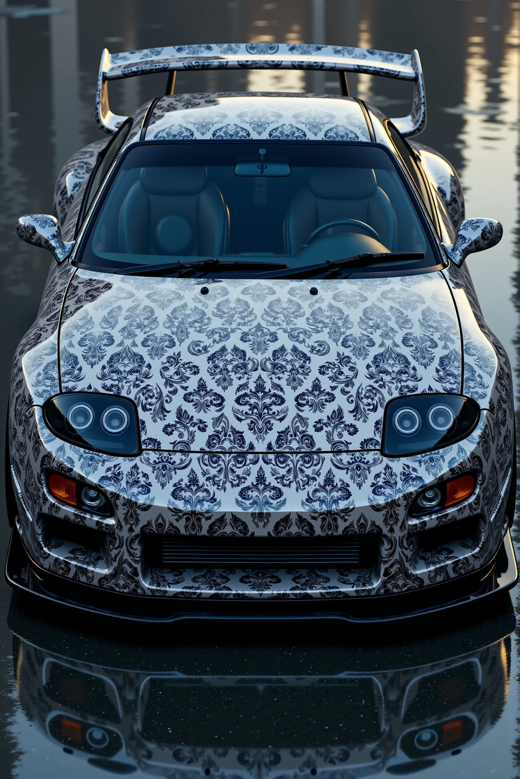 <lora:Ornamental_Patterns:0.8> OrnamentalPatterns style.
A digital artwork features a (three quarter view:1.1) of a Mitsubishi 3000GT from '90. Every single surface of the car, including the hood, fenders, roof, doors and rear is completely covered with fine, black on all-light-colors damask pattern. High gloss finish adds reflections to the car surfaces, emphasizes sleek, sportive shapes of the car.