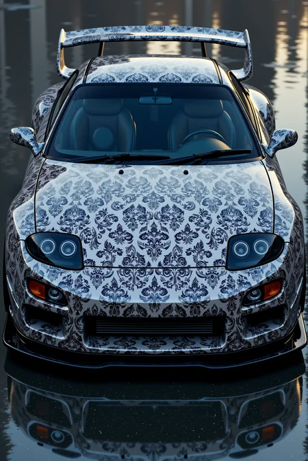 <lora:Ornamental_Patterns:0.8> OrnamentalPatterns style.
A digital artwork features a (three quarter view:1.1) of a Mitsubishi 3000GT from '90. Every single surface of the car, including the hood, fenders, roof, doors and rear is completely covered with fine, black on all-light-colors damask pattern. High gloss finish adds reflections to the car surfaces, emphasizes sleek, sportive shapes of the car.