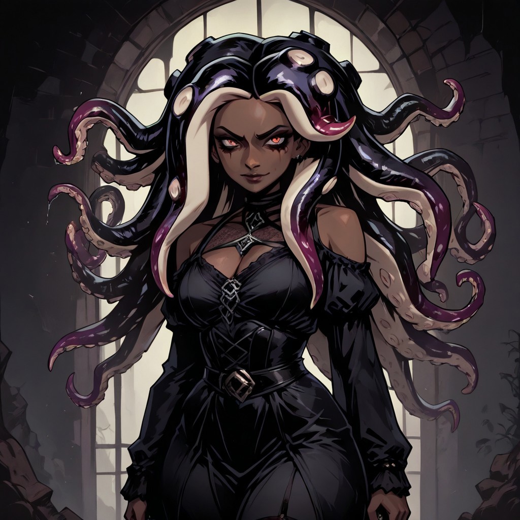 masterpiece, best quality, newest, absurdres, highres, TTCSV1.0, 1girl, dark skin, dark-skinned female, goth, goth girl, THV-1.0, Tentacle hair,