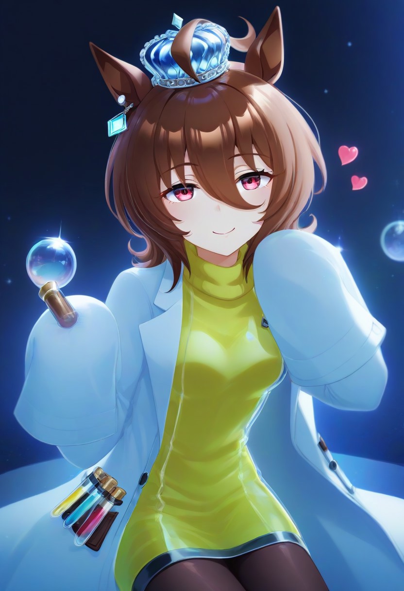 mature, clean lines, subtle lighting, bold outlines, cel shading, very aesthetic, absurdres, newest, solo,
sfw, face closeup, (small breasts:1.3), cartoon, 
beautiful girl, blonde, short hair, disheveled hair, blue eyes, , umamusume, agnes_tachyon_(umamusume), chinese_commentary, 1girl, ahoge, animal_ears, breasts, , brown_hair, brown_pantyhose, closed_mouth, coat, ear_ornament, hair_between_eyes, heart, holding, holding_vial, horse_ears, horse_girl, huge_ahoge, lab_coat, looking_at_viewer, medium_breasts, pantyhose, red_eyes, short_hair, sitting, sleeves_past_fingers, sleeves_past_wrists, smile, solo, split_mouth, sweater, table, vial, white_coat, yellow_sweater
(glass dress, glass ornaments, glass hair, glass crown:1.3), 
murano_glass_style