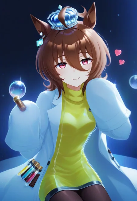 mature, clean lines, subtle lighting, bold outlines, cel shading, very aesthetic, absurdres, newest, solo,
sfw, face closeup, (small breasts:1.3), cartoon, 
beautiful girl, blonde, short hair, disheveled hair, blue eyes, , umamusume, agnes_tachyon_(umamusume), chinese_commentary, 1girl, ahoge, animal_ears, breasts, , brown_hair, brown_pantyhose, closed_mouth, coat, ear_ornament, hair_between_eyes, heart, holding, holding_vial, horse_ears, horse_girl, huge_ahoge, lab_coat, looking_at_viewer, medium_breasts, pantyhose, red_eyes, short_hair, sitting, sleeves_past_fingers, sleeves_past_wrists, smile, solo, split_mouth, sweater, table, vial, white_coat, yellow_sweater
(glass dress, glass ornaments, glass hair, glass crown:1.3), 
murano_glass_style
