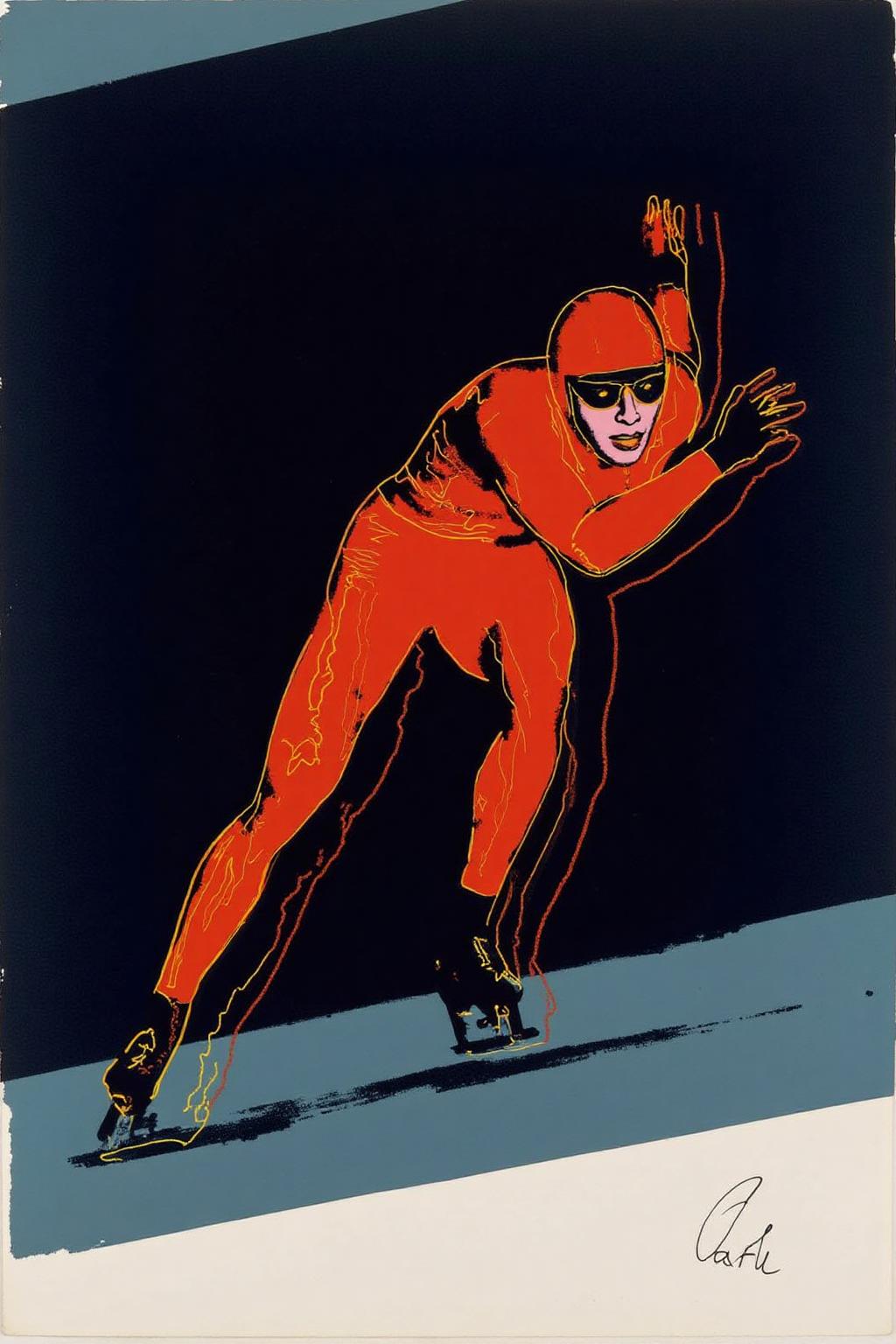 andywarhol1 illustration.
A speed skater racing, posed dynamically. The figure is orange-red against a dark background. <lora:andywarhol1_cap_d6a3:1.0><lora:836293981798393697:0>