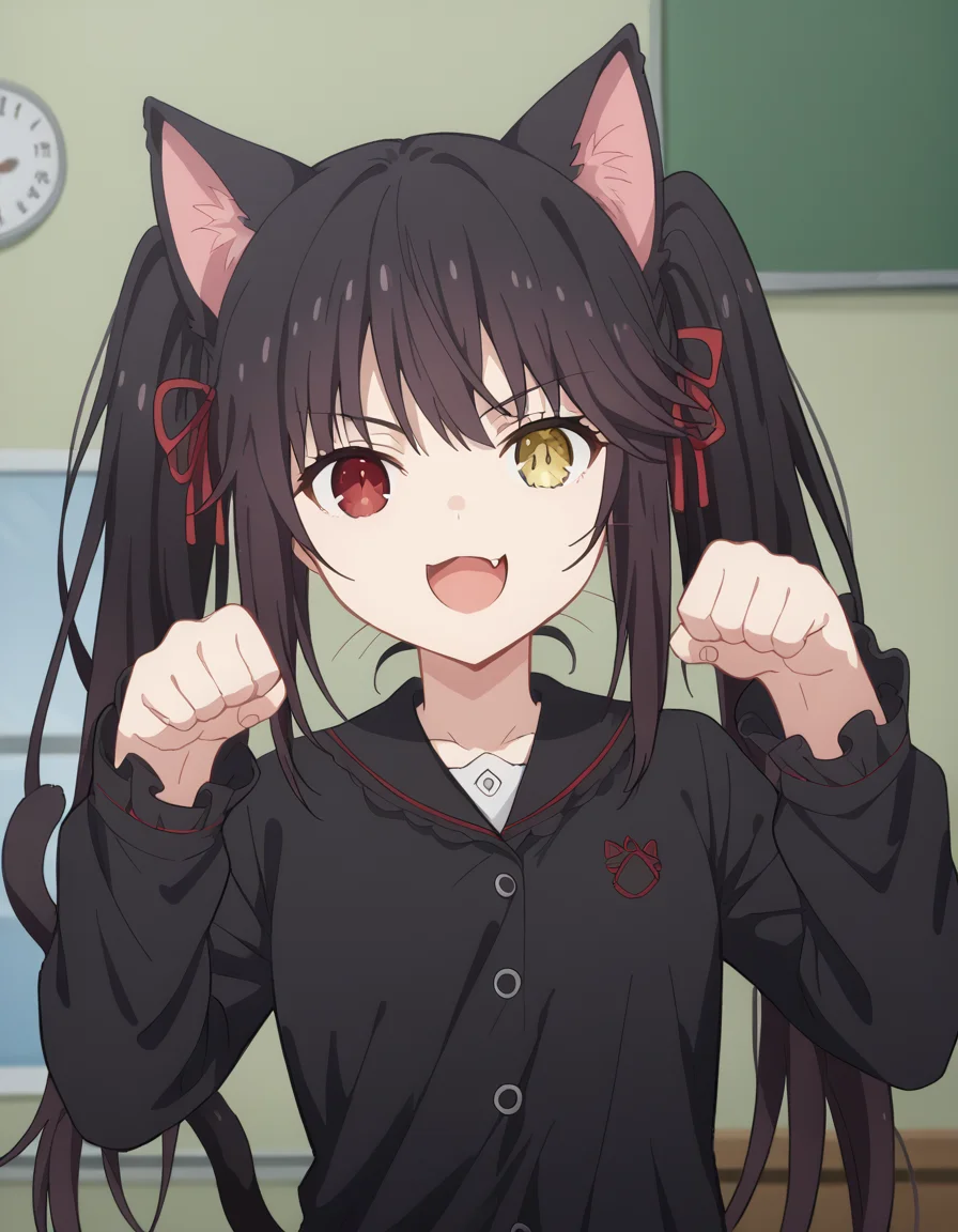 score_9, score_8_up, score_7_up, source_anime, kurumitokisaki, <lora:kurumi-tokisaki-s4s5-ponyxl-lora-nochekaiser:1>, kurumi tokisaki, black hair, red eyes, long hair, twintails, yellow eyes, heterochromia, clock eyes,, <lora:paw-pose-ponyxl-lora-nochekaiser:1>, paw pose, cat ears, cat tail, animal ears, tail, cat girl, open mouth, fang, whiskers,, indoors, smile,, cowboy shot, dutch angle, looking at viewer,