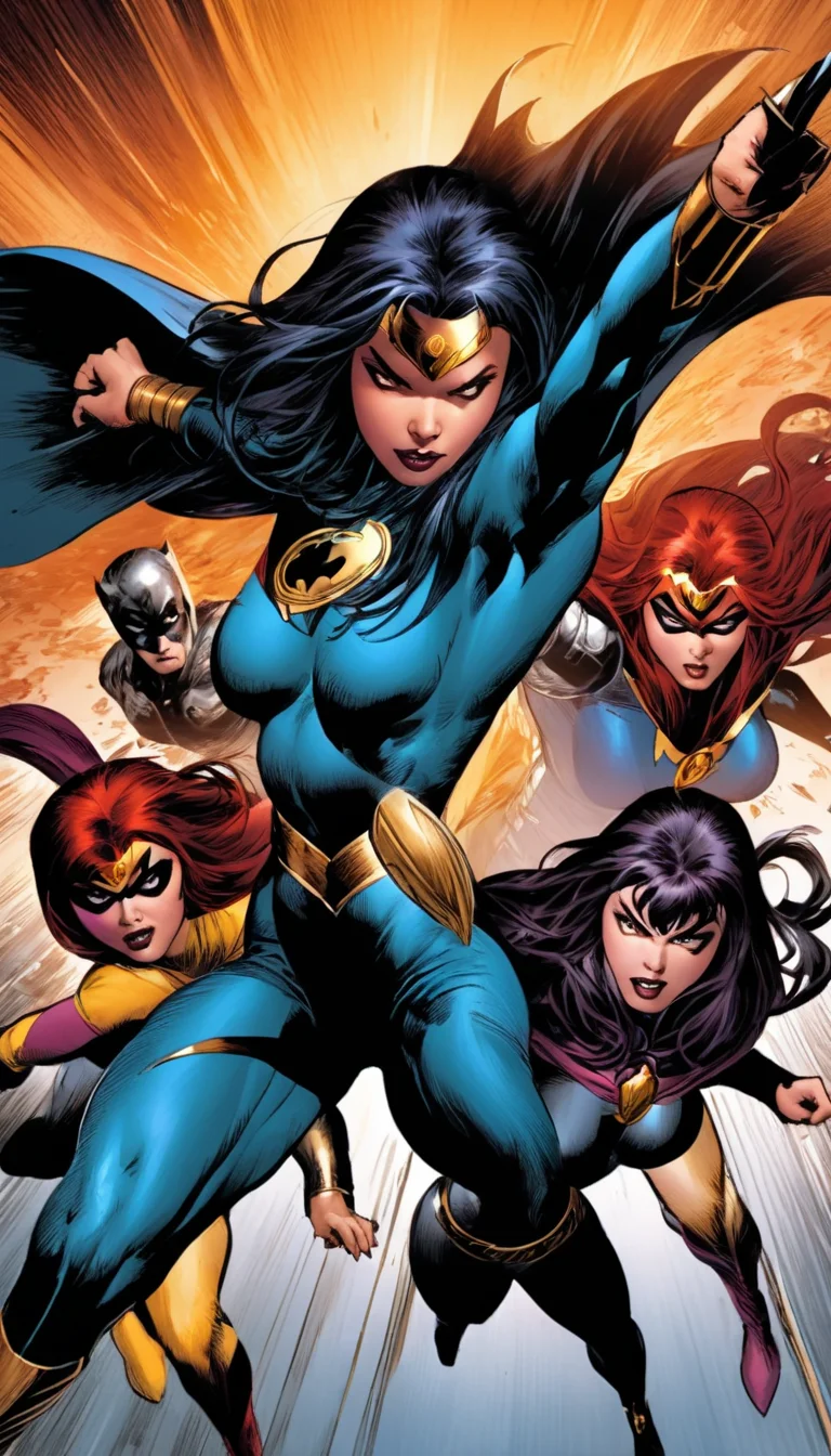 Group of Superheroines attacking a evil villain, fierce fight, emotions, flying though a paradox, action pose, cinematic scene, hero view, extremely beautiful piercing eyes, scenery, detailed background, masterpiece, best quality, high quality, highres, absurdres, very detailed, high resolution, sharp, sharp image, 8k, vivid, colorful, Mike Deodato <lora:mike_deodato_xl_v1:1>