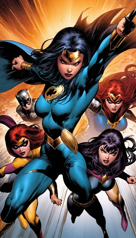 Group of Superheroines attacking a evil villain, fierce fight, emotions, flying though a paradox, action pose, cinematic scene, hero view, extremely beautiful piercing eyes, scenery, detailed background, masterpiece, best quality, high quality, highres, absurdres, very detailed, high resolution, sharp, sharp image, 8k, vivid, colorful, Mike Deodato <lora:mike_deodato_xl_v1:1>