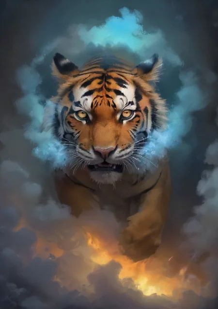 low angle, a mechanical holographic crystal tiger is stalking, eerie, bleak, challenging the jungle, epic, neon lights, clouds, smoke, particles,  <lora:- SDXL - holo_effect_V1.0:0.8>,   <lora:- SDXL - ptm-no2_style_V1.0:0.5>