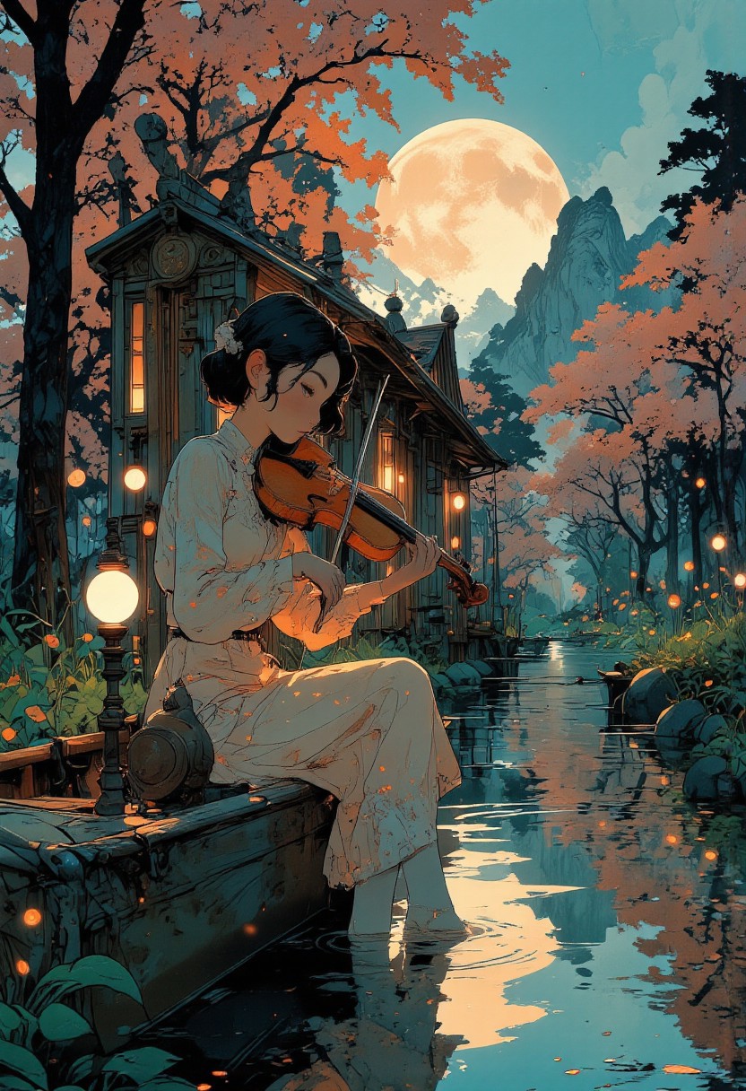 As the first rays of sunrise kiss the landscape, a girl in a delicate pastel pink dress plays the violin on a gently floating canoe, gliding through a serene Japanese cherry blossom river. Soft pink petals rain down from sakura trees, creating ripples in the crystal-clear water. A distant mountain range bathed in golden light adds depth to the dreamlike scene, while koi fish swim lazily beneath the boat. The air is filled with the scent of blossoms, and her music blends seamlessly with the tranquil sounds of nature.
Niji Stan Katayama Style, VibrantlySharp style., Anime art