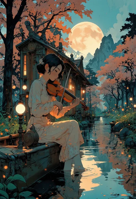As the first rays of sunrise kiss the landscape, a girl in a delicate pastel pink dress plays the violin on a gently floating canoe, gliding through a serene Japanese cherry blossom river. Soft pink petals rain down from sakura trees, creating ripples in the crystal-clear water. A distant mountain range bathed in golden light adds depth to the dreamlike scene, while koi fish swim lazily beneath the boat. The air is filled with the scent of blossoms, and her music blends seamlessly with the tranquil sounds of nature.
Niji Stan Katayama Style, VibrantlySharp style., Anime art