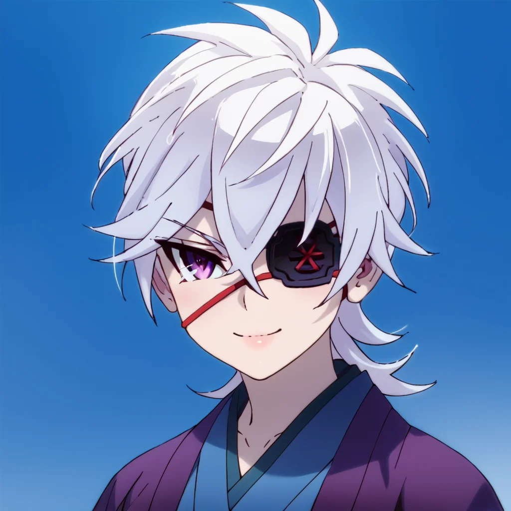 score_9, score_8_up, score_7_up, score_6_up, score_5_up, score_4_up, source_anime, , Oboro, purple eyes, white hair, japanese clothes, eyepatch, small breasts, japanese clothes, , soft smile, portrait