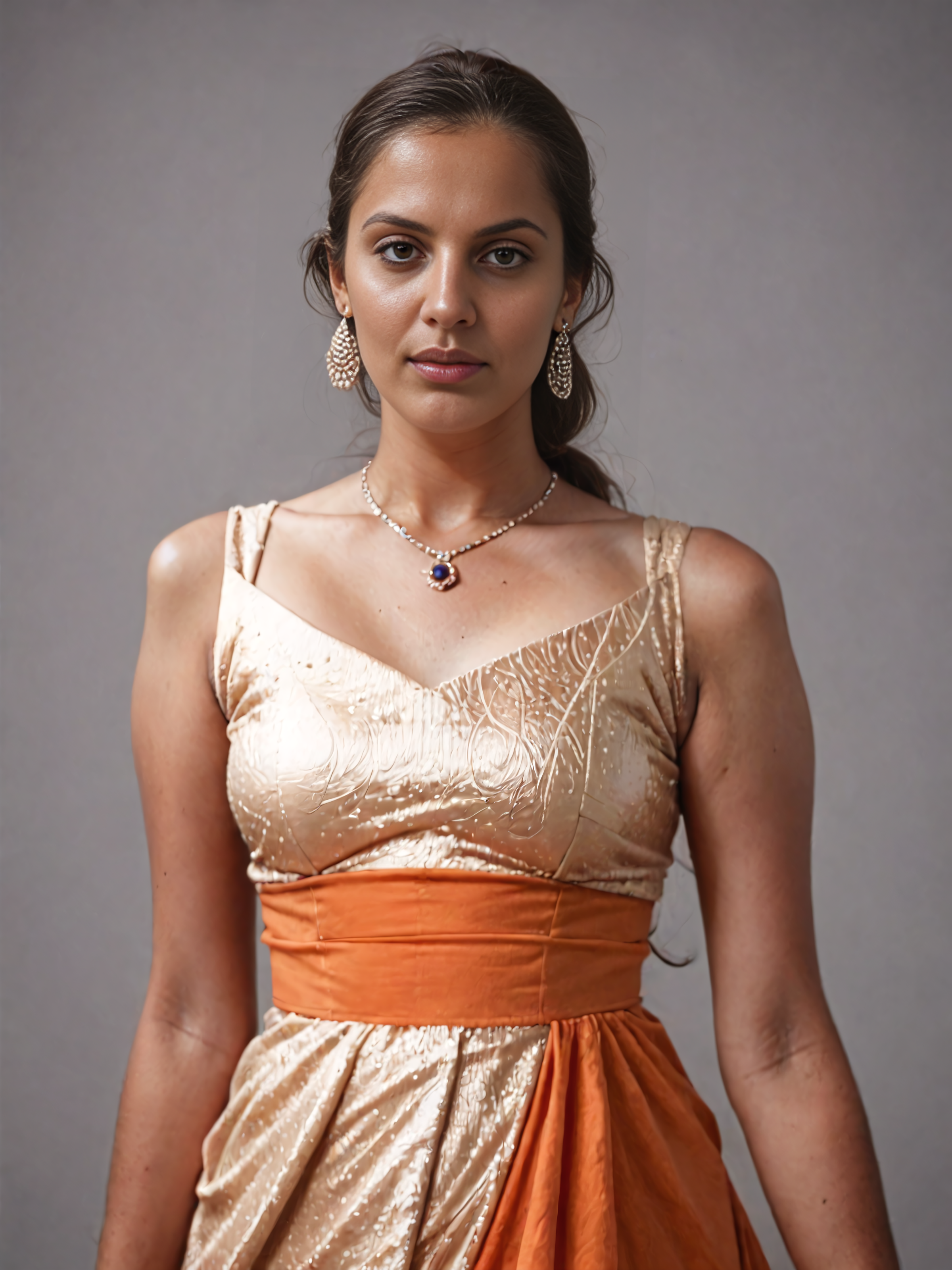 score_9, score_8_up, source_realistic, photo of a  fully clothed desi woman, thin, beautiful looking, nose ornament, ethnic Orange Bandhani Dress, dynamic pose,contrasting plain background <lora:Desi_Tabela_v2_PDXL_LoRA_prodigy_local:0.8>