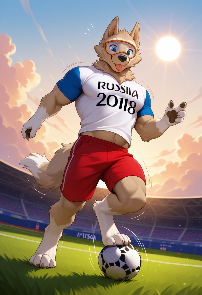 zabivaka, solo, furry, wolf boy, perfect eyes, smile, tongue out aside, lidded eyes, blue eyes, tail, muscular, athletic build, pectorals, belly, dynamic angle, white shirt, short sleeves, blue sleeves, fifa, text on shirt, googles, red shorts, kicking soccer ball, motion lines, motion blur, close up, digitigrade, pawpads, unparalleled masterpiece, best quality, amazing quality, very aesthetic, extremely-detailed, soft shading, beautiful, detailed background, outside, cloud, sun, sky, ultra realistic, 4k, detailed fur, detailed muscles, photorealism, semi-realistic lighting, full body