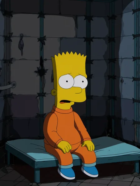 (best quality, high quality:1.2),
1boy,solo,bart simpson,padded cell,bed,orange prisoner jumpsuit,sitting,from front,sad,crying,
<lora:bart_simpson_sdxl_v1:0.8>,