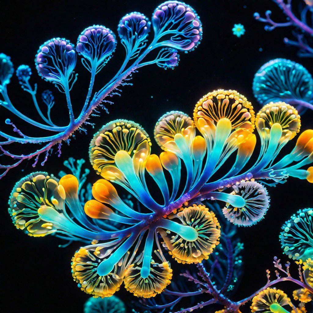 bioluminescence, bacteria, macro photography, microscopic, swarming, organic shapes, iridescent colors, vibrant, detailed, mesmerizing, abstract