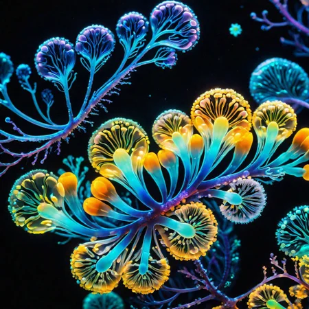 bioluminescence, bacteria, macro photography, microscopic, swarming, organic shapes, iridescent colors, vibrant, detailed, mesmerizing, abstract