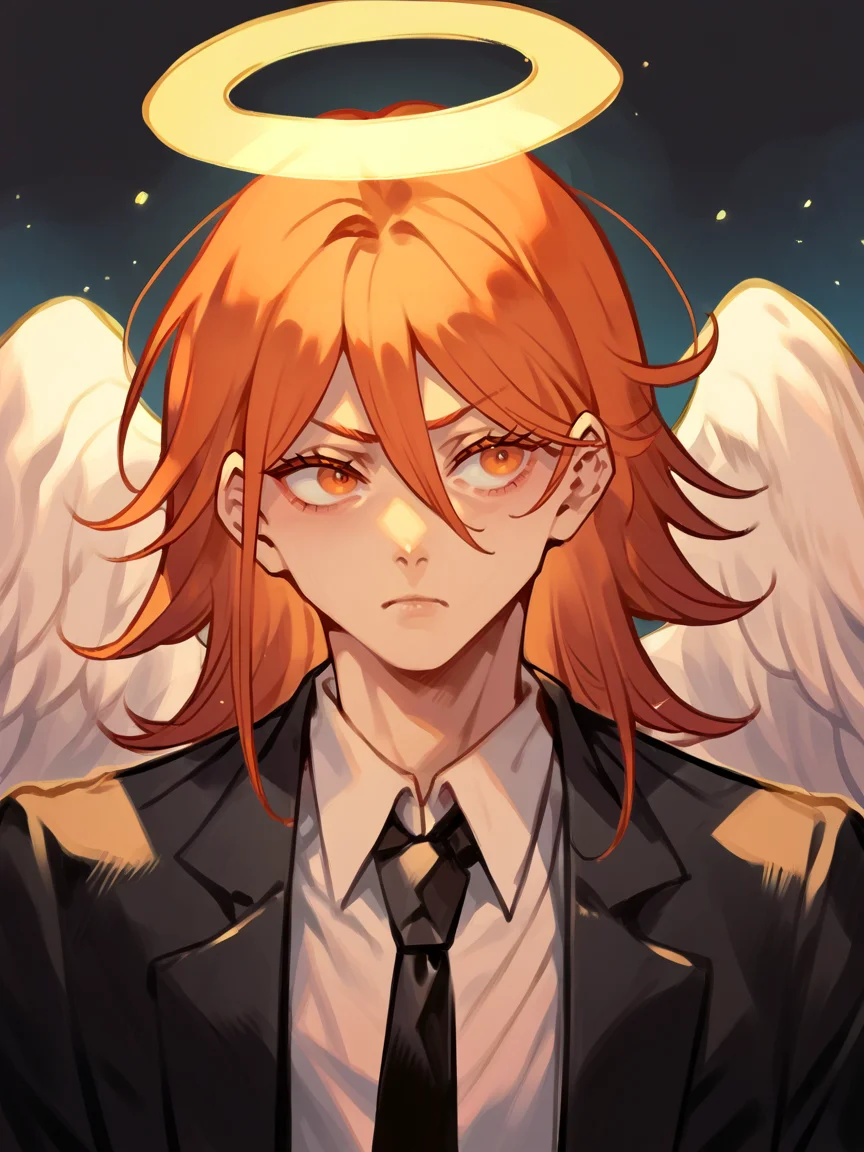 score_9, score_8_up, score_7_up, score_6_up, score_5_up, <lora:HCXLP:1> hc, <lora:4ng3ld3v1lXLP:1> 1boy, halo, 4ng3ld3v1l, orange hair, angel wings, suit, black necktie