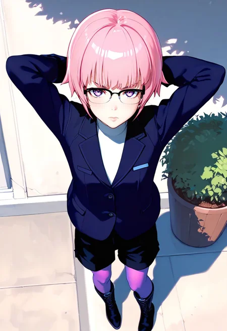 <lora:sdxl_lightning_8step_lora:1> <lora:Fixhands_anime_bdsqlsz_V1:1>score_9, score_8_up, score_7_up, source_anime, intricate details, perfect anatomy BREAK
1girl, solo, gis-esakipurin, pink hair, short hair, purple eyes, black-framed eyewear, black jacket, black shorts, gis-esakipurin outfit, purple pantyhose, black boots, 
from above, arms behind head, Annoyed, Mouth turned down slightly, eyes narrowed, and a tense jaw., outdoors, 
<lora:gis-esakipurin_XL(pony)fix:0.9>
