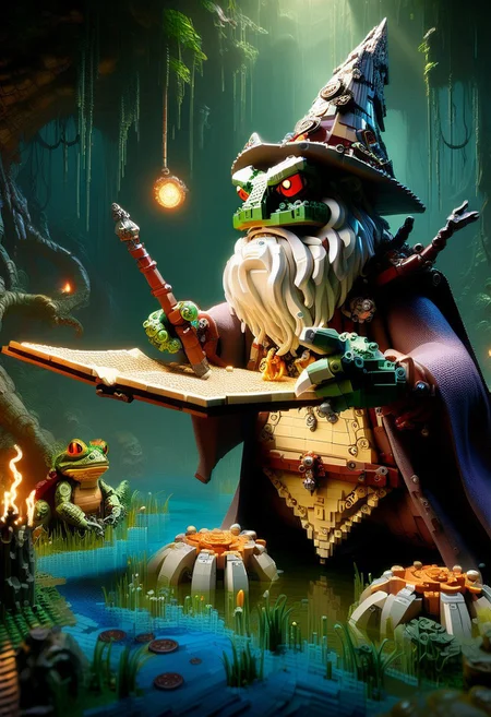 boris vallejo style, frank frazetta style, 8k high quality lego, masterpiece, very detailed, ultra realistic, (best quality) very detailed epic masterpiece, detailed face, full body, wrinkly wizard toad reading an ancient scroll in a swamp, best quality, epic scene, Dungeons and dragons atmosphere, heroic fantasy, realistic, realism, full body