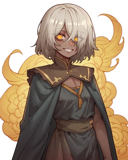score_9, score_8_up, score_7_up, source_anime, 1girl, white background, standing, smile, dark skin, white hair, yellow eyes, solaria_(ebonyxh), <lora:solaria_ebonyxh:0.9>