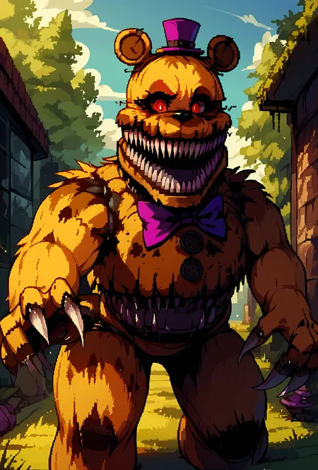 score_9, score_8_up, score_7_up,,  good quality ,, character focus, solo, , best quality , detailed background,  <lora:fredmare-10:1> fredmare, purple top hat, , teeth, no humans, purple bowtie, sharp teeth, claws, red eyes, bear, mini hat, , simple   <lora:d3p1x3lXLP:1> d3p1x3l, pixel art, , scenery