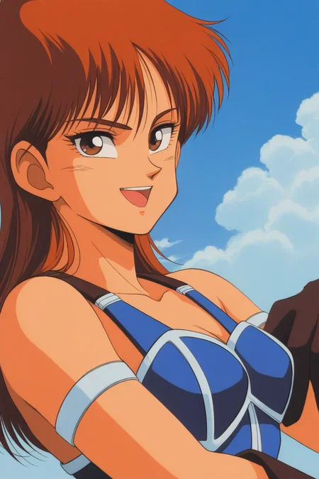 masterpiece, best quality, source_anime,official art,perfect_anatomy,1990s_\(style\),retro_artstyle,1girl,Daisy,brown_hair,long_hair,cleavage,armor,bare_shoulder,gloves,blue_legwear,(detailed face,looking_at_viewer,smile,open_mouth),upper_body,blue_sky,cloud