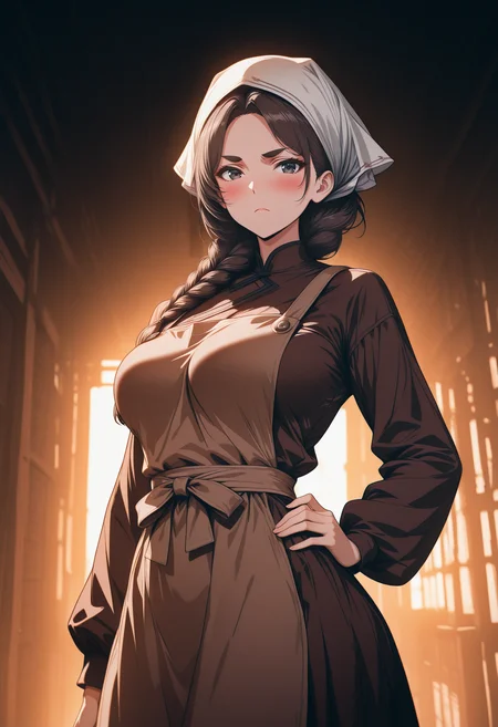 blue hour shot of night shot of masterpiece, best quality, amazing quality, ultra-detailed, 8K, cinematic lighting, aesthetic, very awa, absurdres, HDR, superabsurd res, high resolution, newest, uncensored, detailed background, detailed foreground, detailed clothing, detailed hair, detailed shading,
<lora:babkab:1> babkab, 1girl, solo, brown hair, braid, long hair, hair over shoulder, apron, black eyes, hand on hip, brown apron, dress, large breasts, large breasts, single braid, blush, standing, long sleeves, looking at viewer, hat, mature female, head scarf, thick eyebrows,  frown, closed mouth, brown dress,  russian village, parody style,   <lora:illustrious_h_v2:1> <lora:illustriousXL_stabilizer_v1.23:1>. Dark, lit, moody, mysterious. Cool light, twilight, peaceful, moody