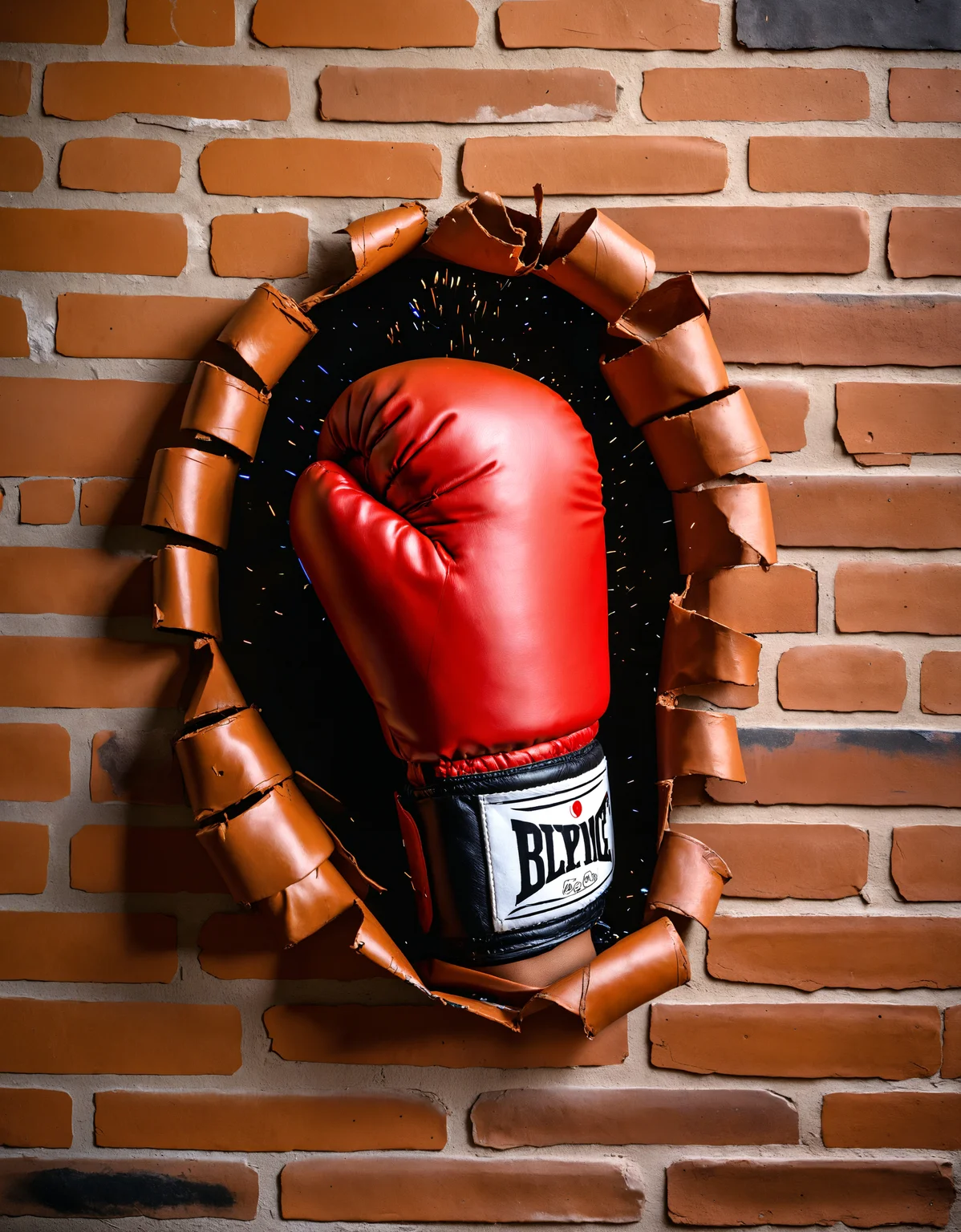 zavy-hlbckdrp, macro shot of a boxing glove bursting through a brick wall, 100mm f/2.8 macro lens,