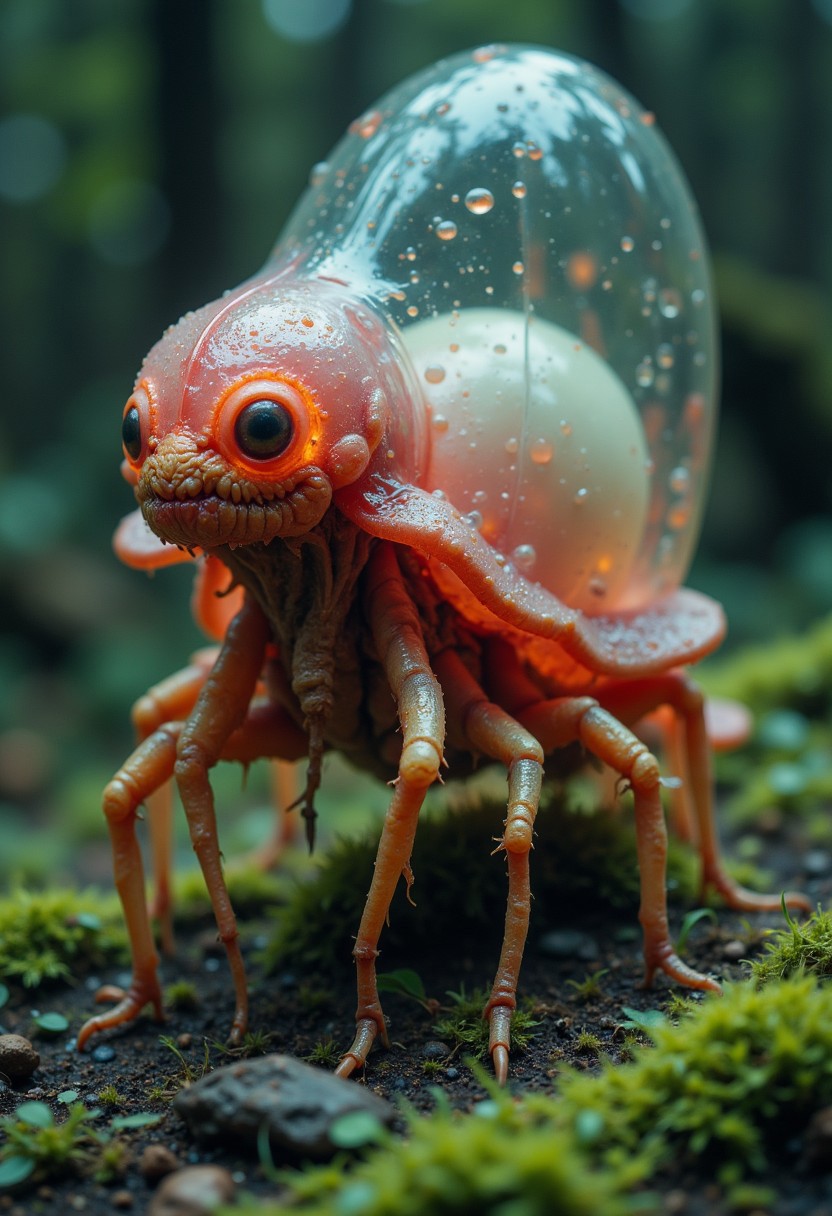 hyperdetailed, low tone colorful, creepy smiling fungus organism crawling over the carpet infront of your bed, like a transparent bubble body with a fluid in it, brain like, slimy translucent, wet, eerie insect snail spider,