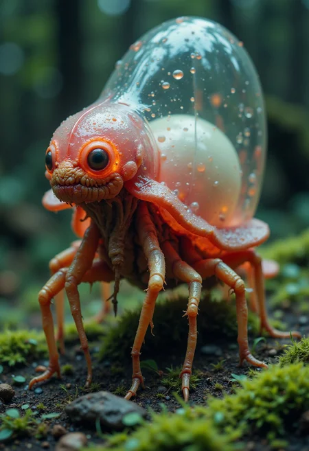 hyperdetailed, low tone colorful, creepy smiling fungus organism crawling over the carpet infront of your bed, like a transparent bubble body with a fluid in it, brain like, slimy translucent, wet, eerie insect snail spider,