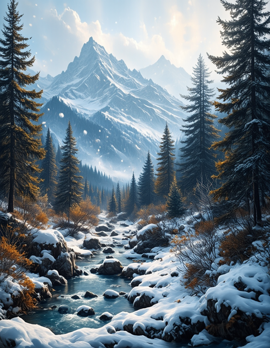 <lora:Medieval_Worlds_Scenery01bflux:1> mwl01, scenery, bokeh, trees, mountains, snow, river, T2, white, gold, black,