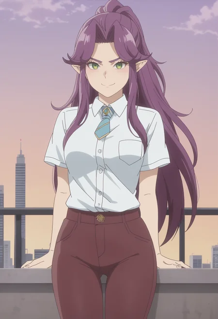 score_9, score_8_up, score_7_up, anime screencap, BREAK, 1girl, solo,   <lora:DX888Angela:1> angela, pointy ears, green eyes, purple hair, long hair, hair intakes BREAK  on the rooftop, cityscape, metal railings, midday sky, Kissing hand, blowing kiss bored eyes, lewd smirk , happy,  smug expression ,  lowered eyelids, v-shaped eyebrows, akanbe, Button-Down Shirt & Flares - Button-down shirt, flared pants are vintage inspired.