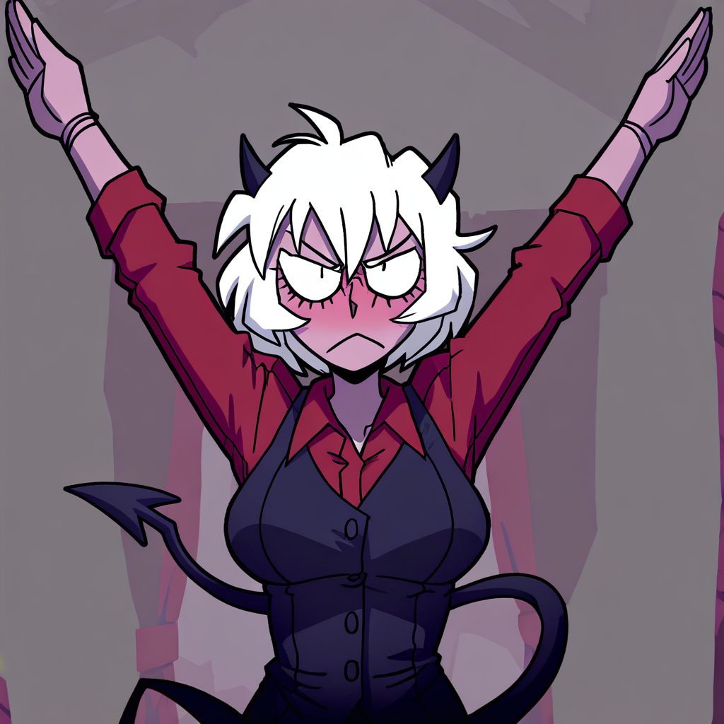 masterpiece, best quality, newest, absurdres, highres, anime, anime style, 1girl, malina \(helltaker\), demon girl, short hair, white hair, horns, demon tail, PraiseTS-V1.0, \o/,  outstretched arms, praise the sun, arms up,
