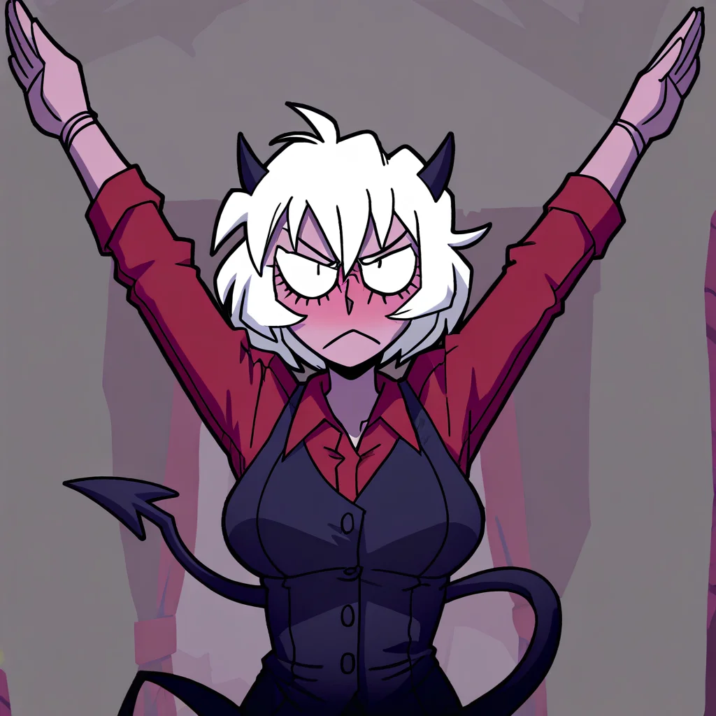 masterpiece, best quality, newest, absurdres, highres, anime, anime style, 1girl, malina \(helltaker\), demon girl, short hair, white hair, horns, demon tail, PraiseTS-V1.0, \o/, outstretched arms, praise the sun, arms up,