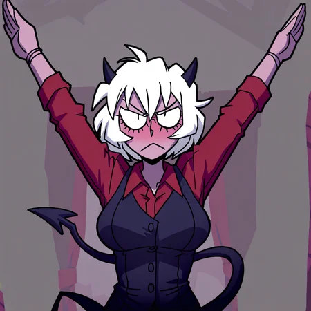 masterpiece, best quality, newest, absurdres, highres, anime, anime style, 1girl, malina \(helltaker\), demon girl, short hair, white hair, horns, demon tail, PraiseTS-V1.0, \o/, outstretched arms, praise the sun, arms up,