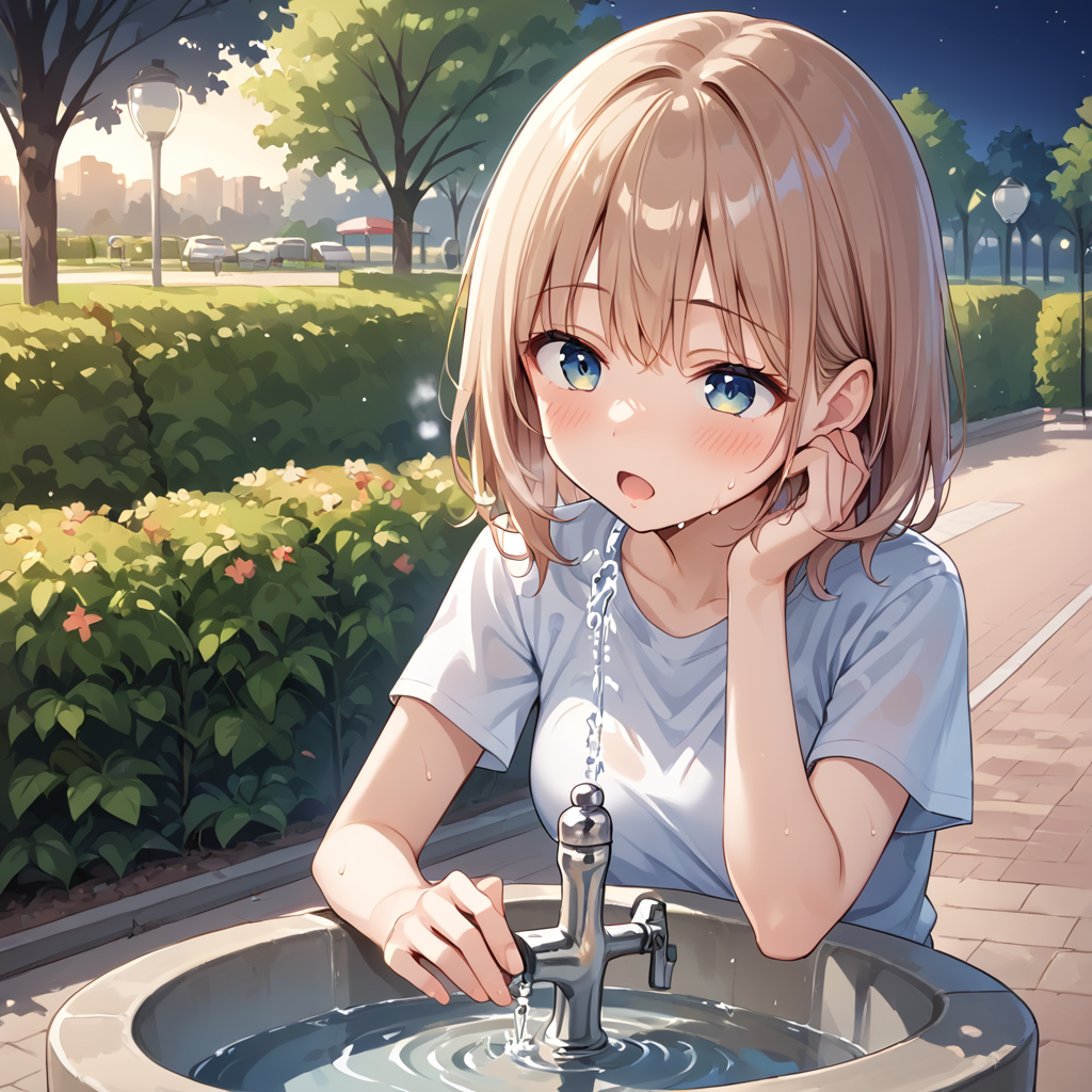 score 9,score_8_up,score_7_up,park,1girl,woman 
 <lora:drinking_fountain:0.8> drinking_fountain ,drink_water,  open mouth, drinking, faucet,
BREAK outdoors, park, night time, sweaty,