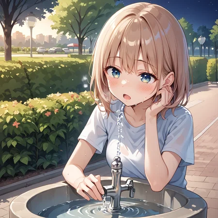 score 9,score_8_up,score_7_up,park,1girl,woman 
 <lora:drinking_fountain:0.8> drinking_fountain ,drink_water,  open mouth, drinking, faucet,
BREAK outdoors, park, night time, sweaty,