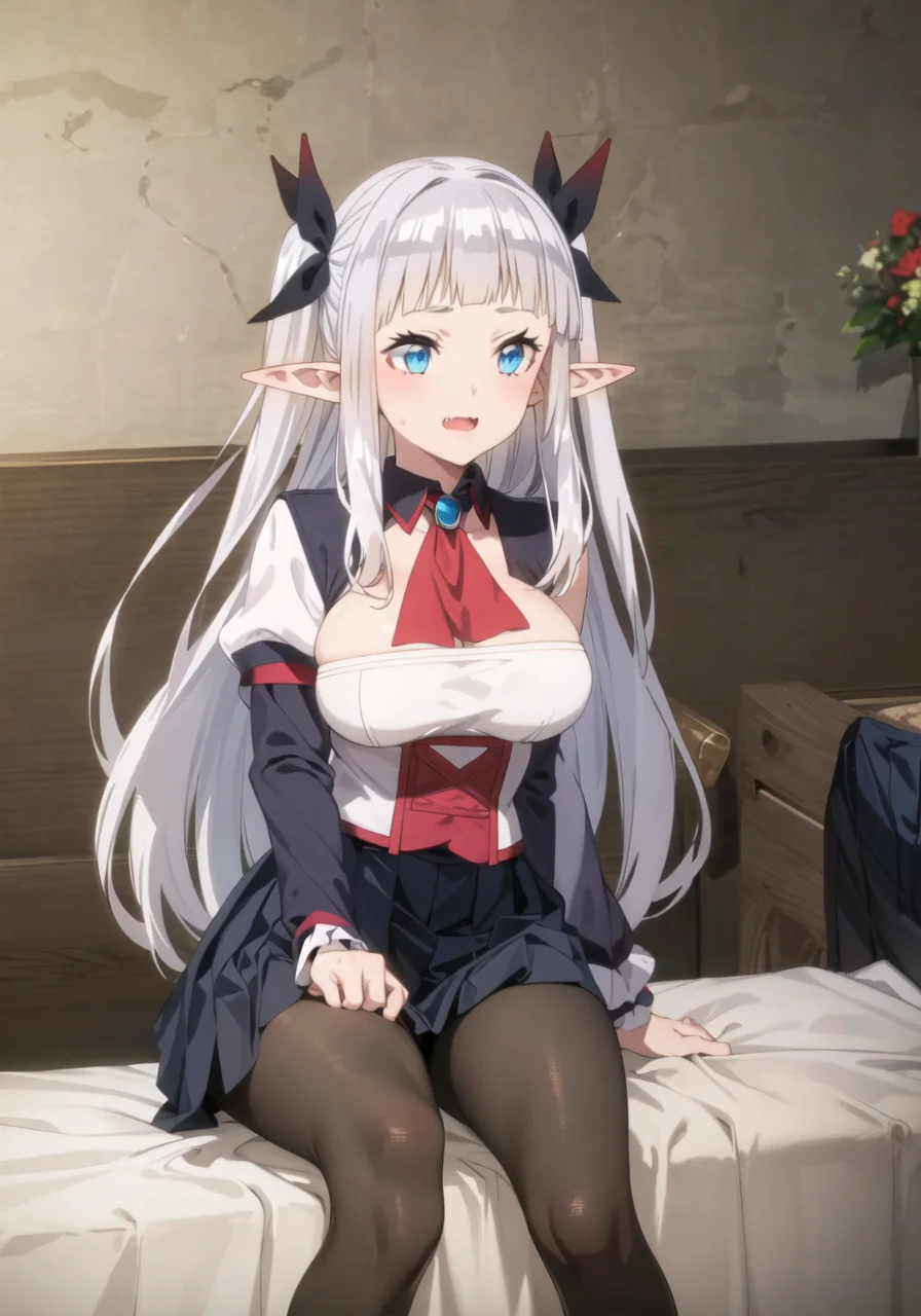masterpiece, best quality, 1 girl, large breasts, bed, <lora:rurushiIsekaiNonbiri_v10:0.8>, ruu rurushi, pointy ears, blue eyes, long hair, fang, two side up, pleated skirt, (black skirt:1.6), red ascot, long sleeves, red pantyhose, ascot, black hairband, elf, puffy sleeves, blunt bangs, white hair, ribbon