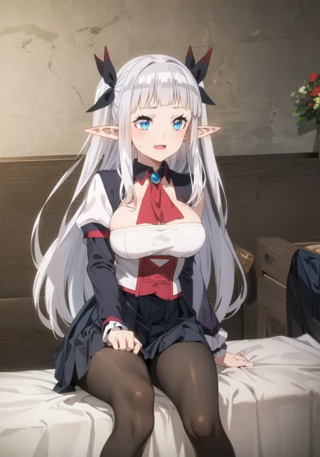 masterpiece, best quality, 1 girl, large breasts, bed, <lora:rurushiIsekaiNonbiri_v10:0.8>, ruu rurushi, pointy ears, blue eyes, long hair, fang, two side up, pleated skirt, (black skirt:1.6), red ascot, long sleeves, red pantyhose, ascot, black hairband, elf, puffy sleeves, blunt bangs, white hair, ribbon