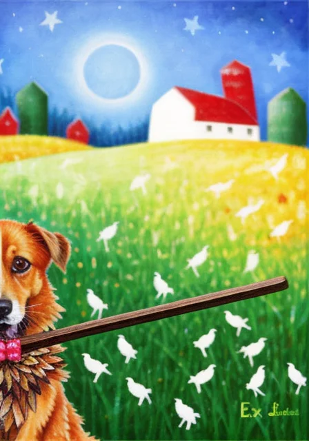 by alessandro pedrazzini <lora:alessandropedrazzini_v1.0c:1>, a dog holding a wood stick on a farm