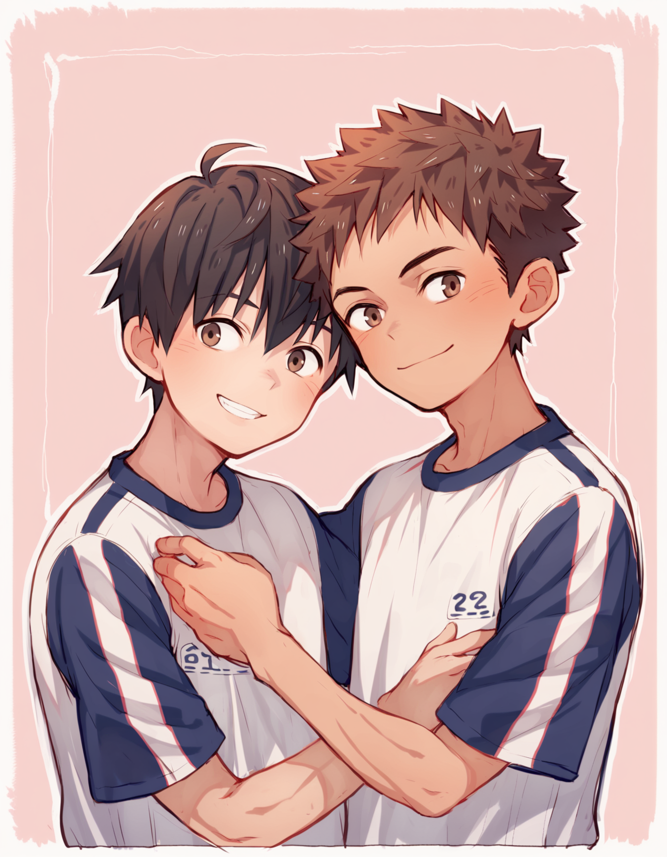 score_9, score_8_up, score_7_up, score_6_up, source_anime, pink background, white border, white outline, 2boys, smile, brown hair, black hair, brown eyes, gym uniform, hug, upper body <lora:maruikotatsu-amxl-v1b-ShoAI:1>