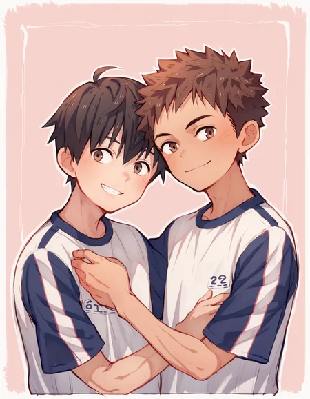 score_9, score_8_up, score_7_up, score_6_up, source_anime, pink background, white border, white outline, 2boys, smile, brown hair, black hair, brown eyes, gym uniform, hug, upper body <lora:maruikotatsu-amxl-v1b-ShoAI:1>