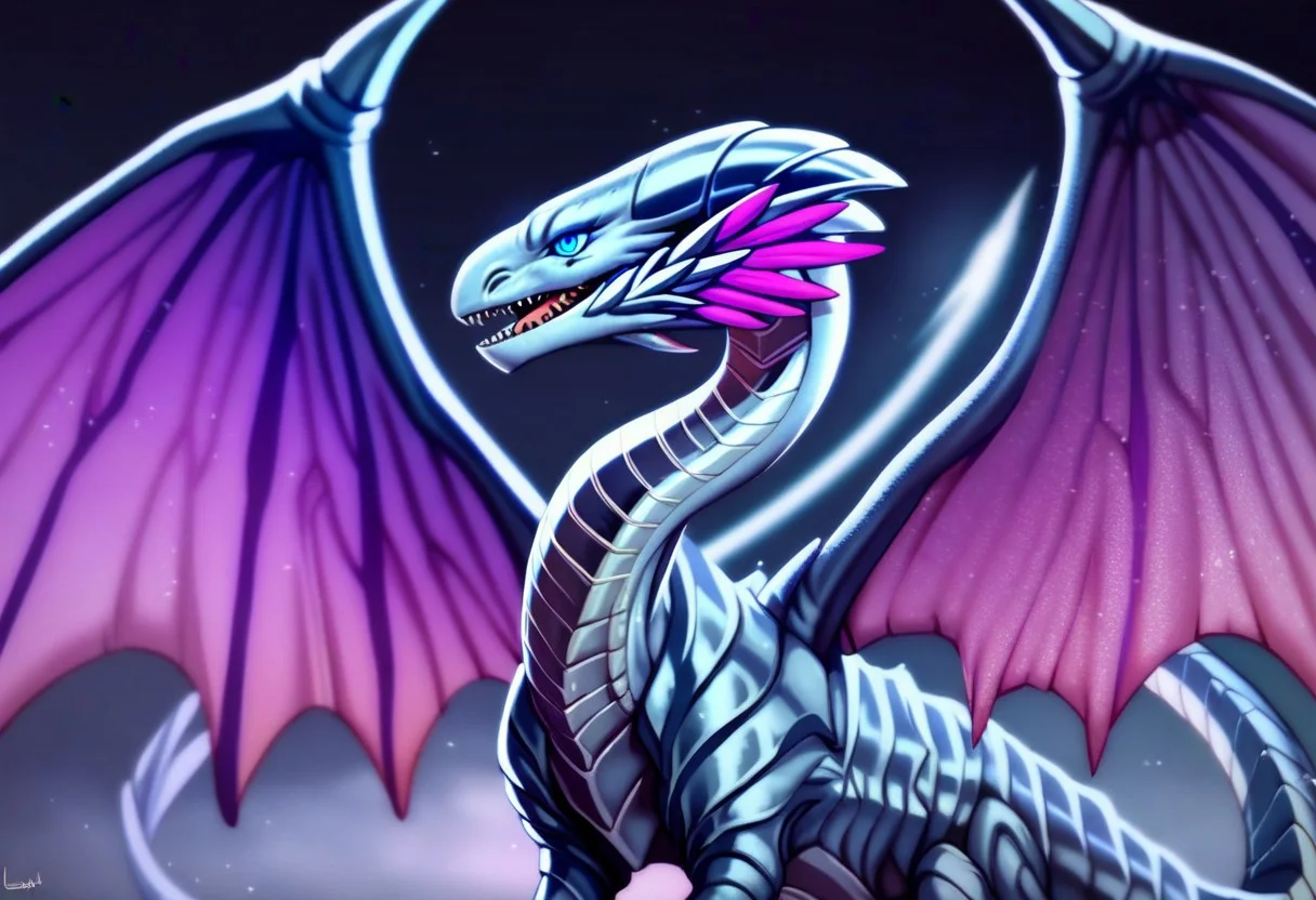 score_9_up, score_8_up, score_7_up, score_6_up, bewd, blue-eyes white dragon, dragon, giant dragon, silver metal scales, metallic scales, realistic metal scales, scaly body, polished scales, reflective metal scales, segmented body, claws, wings, dragon wings, blue eyes, ((luminescent silver body with glowing purple wings, feminine form, long feathered plume growing from the dragon's head)), ((glowing dragon horns, feathered body))
Highly detailed, beautiful, dungeons_and_dragons, amazing aesthetic