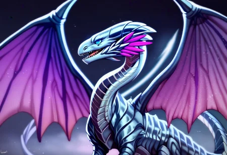 score_9_up, score_8_up, score_7_up, score_6_up, bewd, blue-eyes white dragon, dragon, giant dragon, silver metal scales, metallic scales, realistic metal scales, scaly body, polished scales, reflective metal scales, segmented body, claws, wings, dragon wings, blue eyes, ((luminescent silver body with glowing purple wings, feminine form, long feathered plume growing from the dragon's head)), ((glowing dragon horns, feathered body))
Highly detailed, beautiful, dungeons_and_dragons, amazing aesthetic