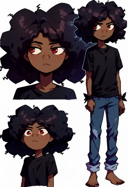 score_9, score_8_up, score_7_up, 1girl, solo, cartoon,
easynegative, conceptart, multiple views, full body, profile pictures, white background, simple background, , simple background,
brown skin, red eyes, curly black hair, massive afro, short female,cuffed grey jeans, black T-shirt, blue wolf-skin hood, two pieces black fabric tied around wrists,<lora:Wolf_AoW:1>, five fingers, perfect anatomy, flat chest, child
