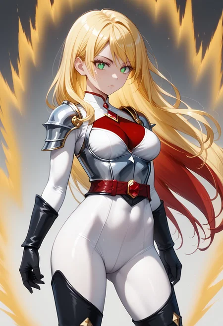 (masterpiece, best quality:1.2), 1girl, older female, solo, breasts, pants, armor, dark armor, white bodysuit, deep neckline, white bodysuit leggings, White leotard hair jewel, silver diadem, red jewels, belt, medium, gloves, cleavage, toned female arms, toned female legs, Angular facial features, grinning, Long hair, multicolored hair, two-tone hair, blonde hair, red hair, fire hair color, waist length hair, pale skin, glowing eyes, shining eyes, green eyes, sinister eyes, slender female, , slender legs but toned legs, thigh boots, long sleeves, Super hero outfit, bodysuit, armor, cowboy shot, sexy pose, supersaiyanaura, power, aura, sharp aura, yellow aura, yellow hair, floating hair, Kipowerup