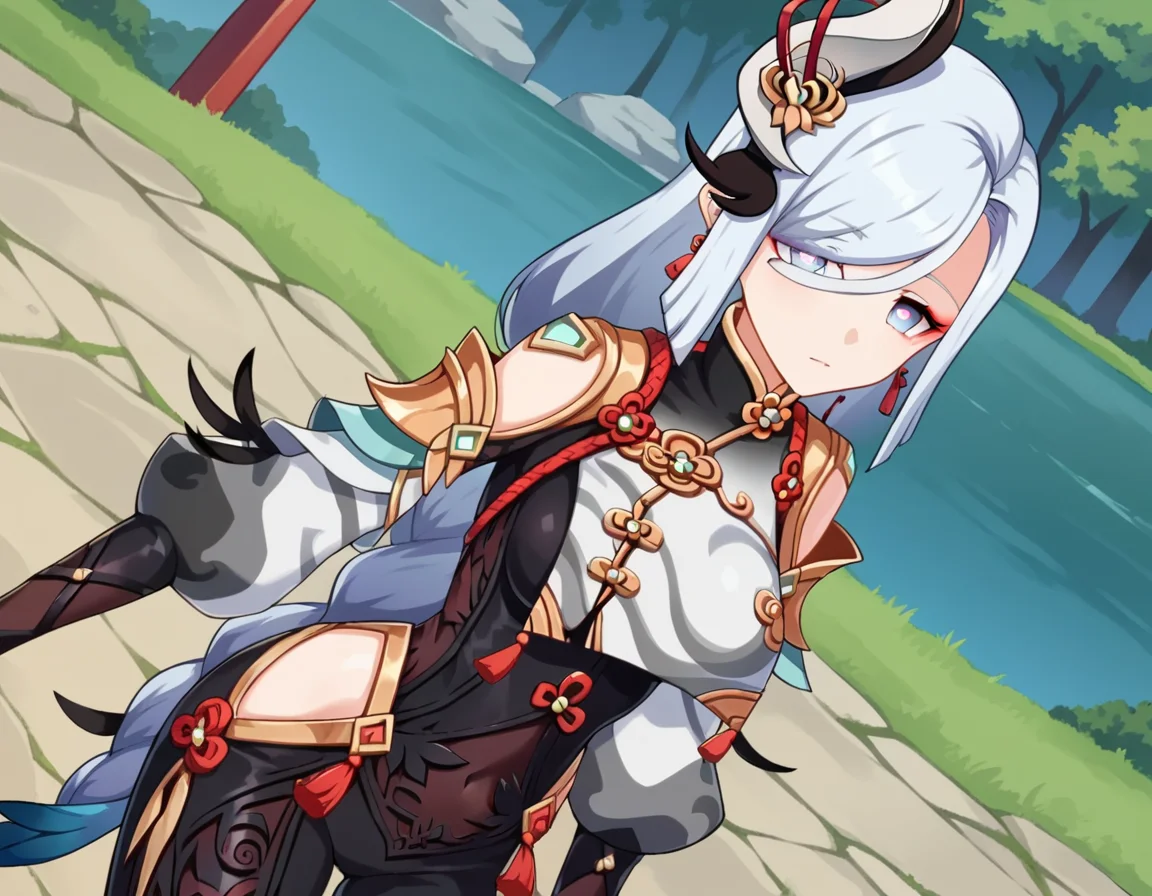 score_9, score_8_up, score_7_up, source_anime,
shenhe, <lora:genshin-shenhe-ingame-ponyxl-lora-nochekaiser:1>,
shenhe, blue eyes, braided ponytail, earrings, eyelashes, eyeliner, eyes visible through hair, eyeshadow, hair between eyes, makeup, red eyeshadow, sidelocks, single earring, symbol-shaped pupils, tassel, tassel earrings, white hair, long hair,
arm support, bare shoulders, black bodysuit, black gloves, bodysuit, breast curtain, chinese knot, clothing cutout, covered navel, detached sleeves,gloves, gold trim, hip vent, jewelry, long sleeves, partially fingerless gloves, puffy detached sleeves, puffy long sleeves, puffy sleeves, shoulder cutout, side cutout, stomach cutout, thigh cutout, white sleeves,
outdoors, shrine, forest, nature, bent over,
looking at viewer, cowboy shot, dutch angle,