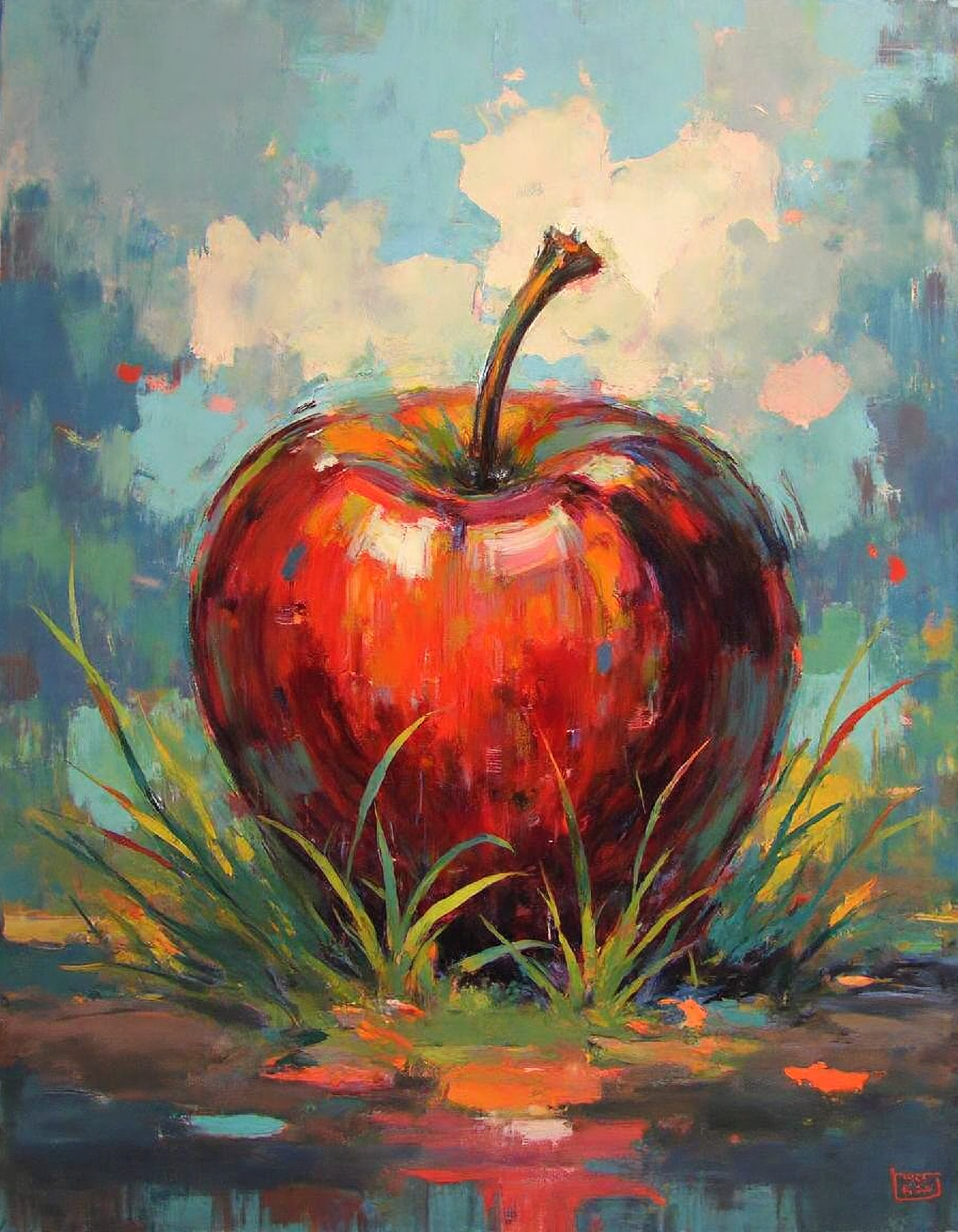 ssf_4bstr4ct painting of a foul apple laying in grass, rainbow