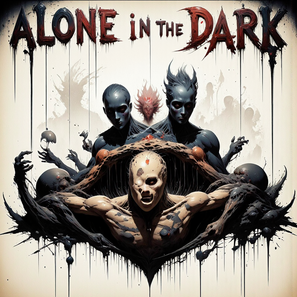 (Bold Font, Whimsical, The Words: "Alone in the Dark":1.6),
An eerie,ink-drenched drawing in the style of a dark rock album cover,1boy,male focus,
A masculine male marionette-like figure,suspended by rusted brass strings,their body contorted in agony.,
Shadowed figures lurk behind them,faceless yet filled with malevolent intent.,
The ink bleeds into the background,creating a nightmarish atmosphere of loss and control.,
Heavy cross-hatching,chaotic brush strokes,and splattered ink enhance the raw,visceral energy.,
<lora:TextimproverV0.4:0.7>,<lora:ImageUpgraderV2:0.9>,<lora:Children_Cartoon_Style:0.4>,<lora:bv-mychorwor-v1:0.9>,<lora:aidmaAbadonedHorror:0.5>,<lora:aidmaInkStyle:0.4>,<lora:Lovecraftian_Nightmare_Landscapes:0.6>,<lora:Gender_spectrum:1>,